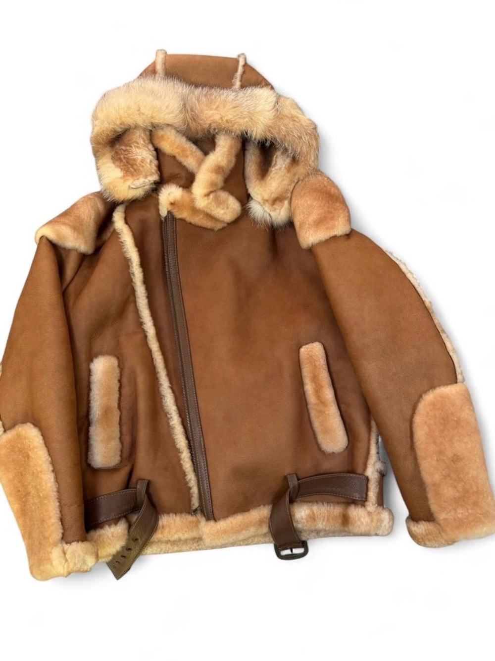 Men's Classic Tan Shearling-Trim Puffer Jacket with Hood
